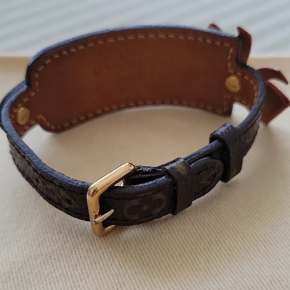 Louis Vuitton Brown Monogram Leather Bracelet with Tan Bow and Gold Hardware - Picture 9 of 9